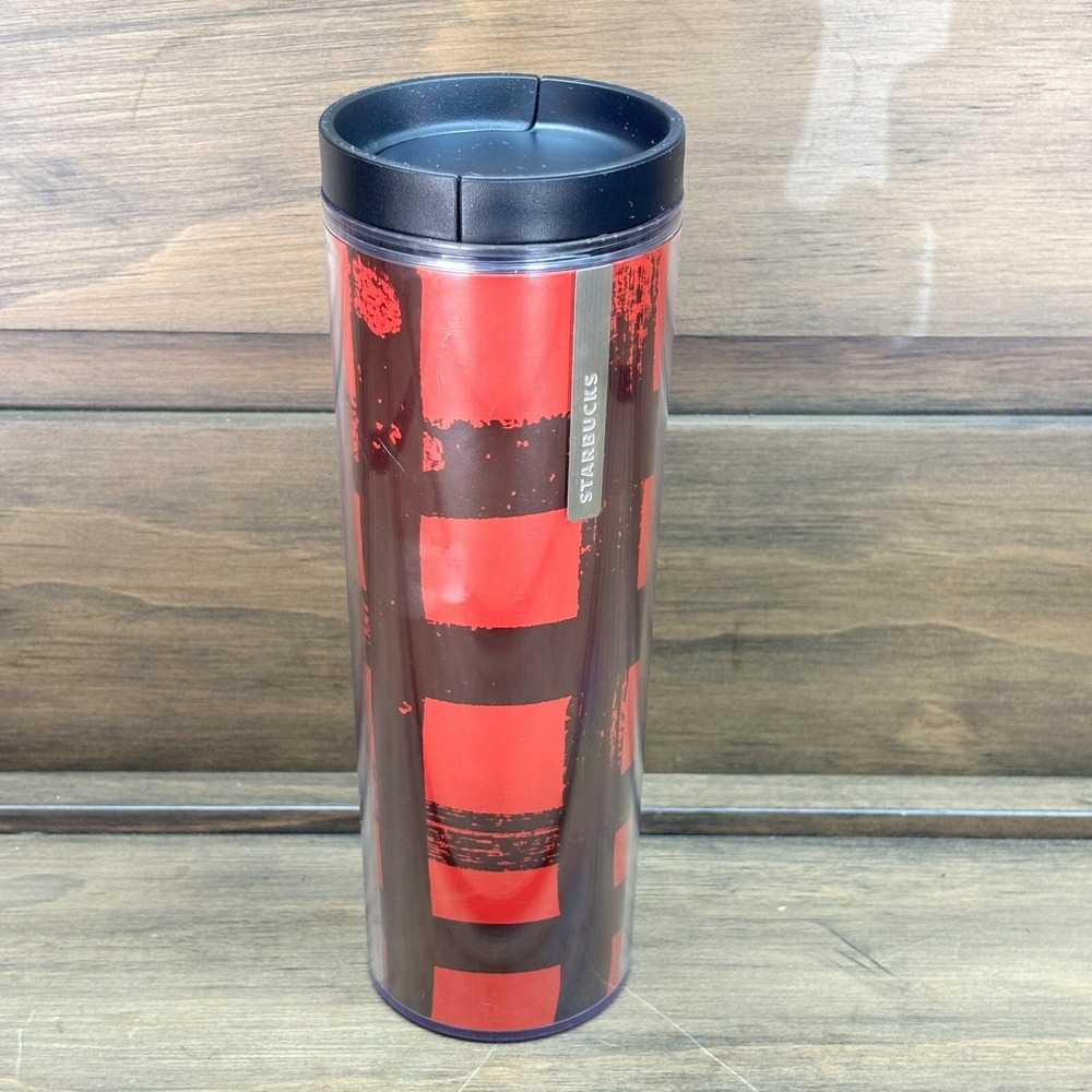 2013 Starbucks Coffee Insulated Plastic Travel Mug Tumbler Red‎ Plaid Striped